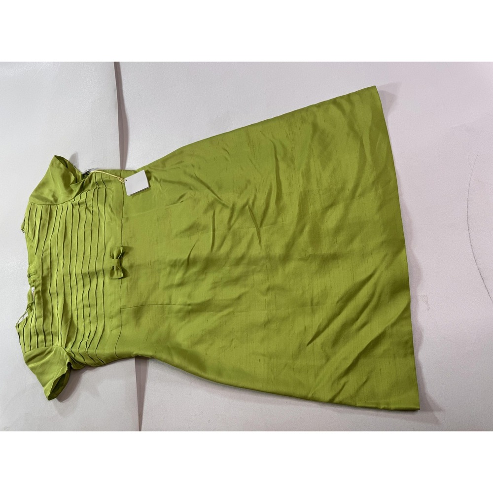 Talbots Dress Womens Petite 12 Green Silk Shantung A Line Bow Knee Length - Picture 2 of 10